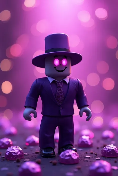  I would like to create a photo for my group profile I want it to look pretty as if it were a purple ruby the purple character with a hat and the character of a millionaire clothing seller a Roblox avatar that is jumping at me , as if I were coming out of ...