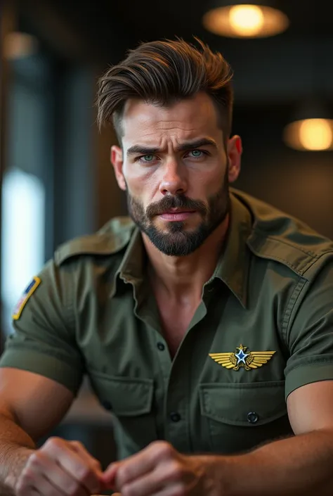 Handsome young man sitting at his desk, with strong arms , all over her torso ,  who is covered with a military shirt , his lips are thick and pink , Marked jaw,  has a growing beard and a perfect mustache ,  his eyes are the definition of danger ,  her ha...