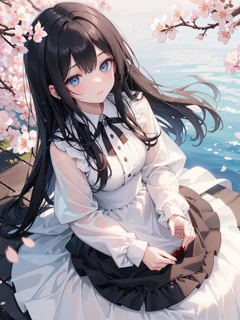 Black Long Straight Hair, Wedding Dress， white dress, blue eyes， Holding a soda , Relaxation posture, sit, Review, healthy skin, Outdoor scenery, Cherry Blossoms Flying, Bright natural light , The sun shines in from the top left, A warm and gentle atmosphe...