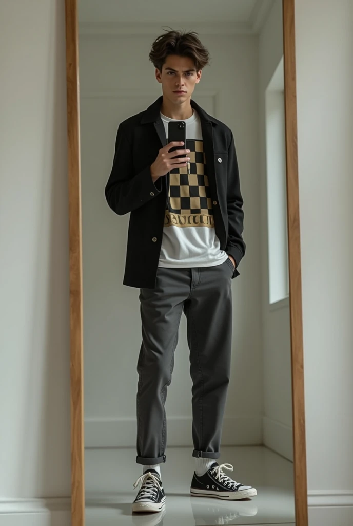 (a 21y solo guy, full body photo:1.3), (wearing Gucci t shirt and gray pant, casual shoes,  best quality, photorealistic, finely detailed Fashionable eyes: 1.2), (thick amazing hair)  ( wearing black shirt, black pant ) Taking Selfie in Mirror 