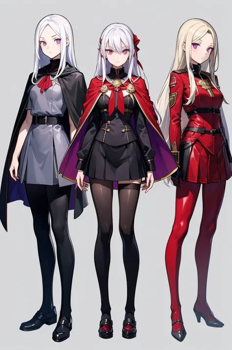 sketch ( character design sheet, Same person, full body, Three Views, Front, ~ side, return), (masterpiece, Best Quality),  complicated details ,  1 girl,  Edelgard,  1 girl, Long Hair,  purple eyes, Alone,  viewers in rubber suits  , Cape,  hair ornament,...