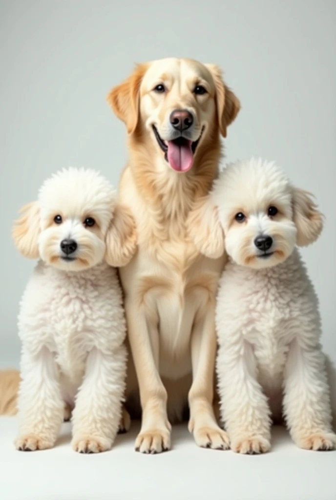 Two white French dogs and a Golden dog posing for a photo