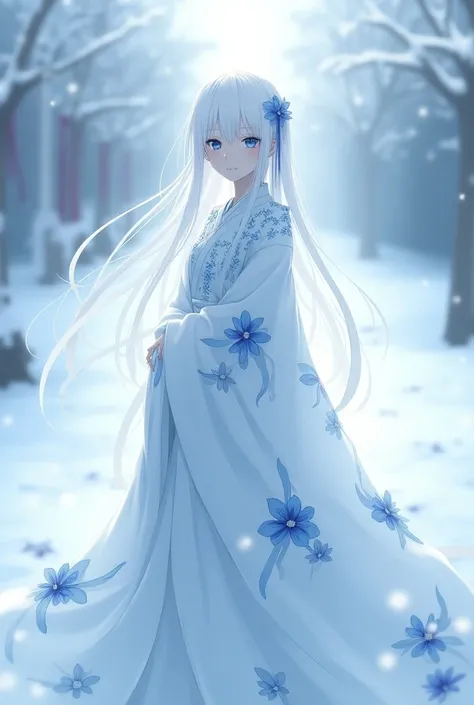  Create an image of a character from the anime kimetsu no yaiba ,  with snow-white hair , delicate white skin ,  a blue eye and a long white kimono with details of the blue spider lily flower