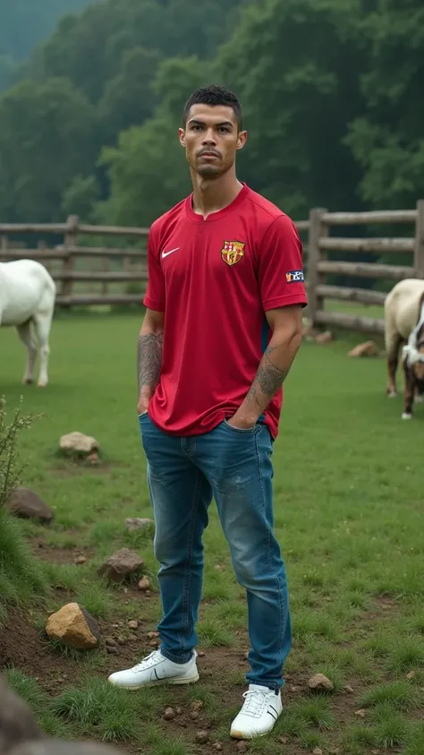   cristiano ronaldo in red and white football shirt, blue jeans, white nike shoes, sitting in large goat farm, highly detailed facial features, extremely detailed portrait, photorealistic, soft natural lighting, cinematic teal color palette, lush green gra...