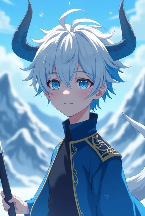  light blue eyes ,  white hair hair ,  short hair, blue inner hair,  messy hair,  blue dragon horns , cut pupils ,  thick white dragon tail , Dragon boy,  a close up of a person with a scepter in a desolate land surrounded by mountains of ice, a frozen fie...