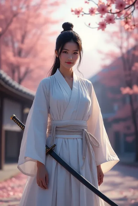  A beautiful woman, smiling towards the front  , wearing a white female samurai swordsman  , holding a samurai slung forward ,sword   , victims strewn in a courtyard of the hall " an evening among the breeze and the blushing moon and the blossoming cherry ...