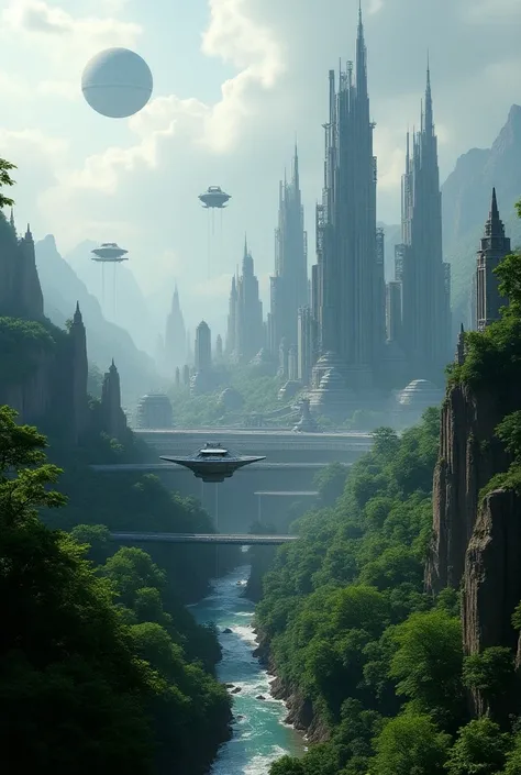 Create a realistic photo image of a megalopolis in a bucolic forest environment with a futuristic Star Wars style where spaceships from the Empire and the Death Star circulate in the sky