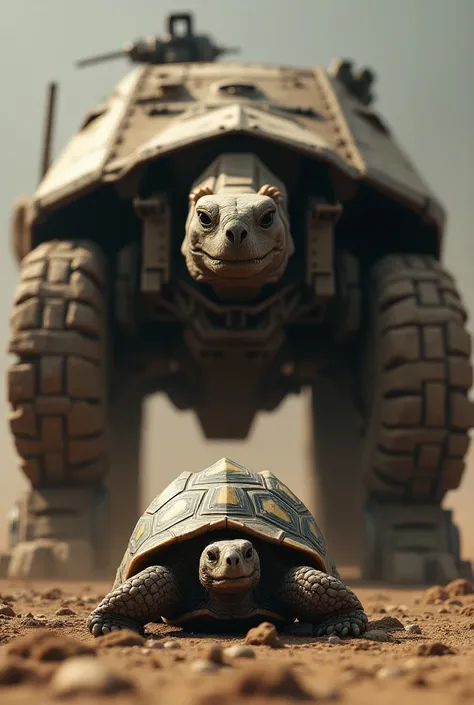 Armored vehicle and a turtle, standing face to face, soil background 