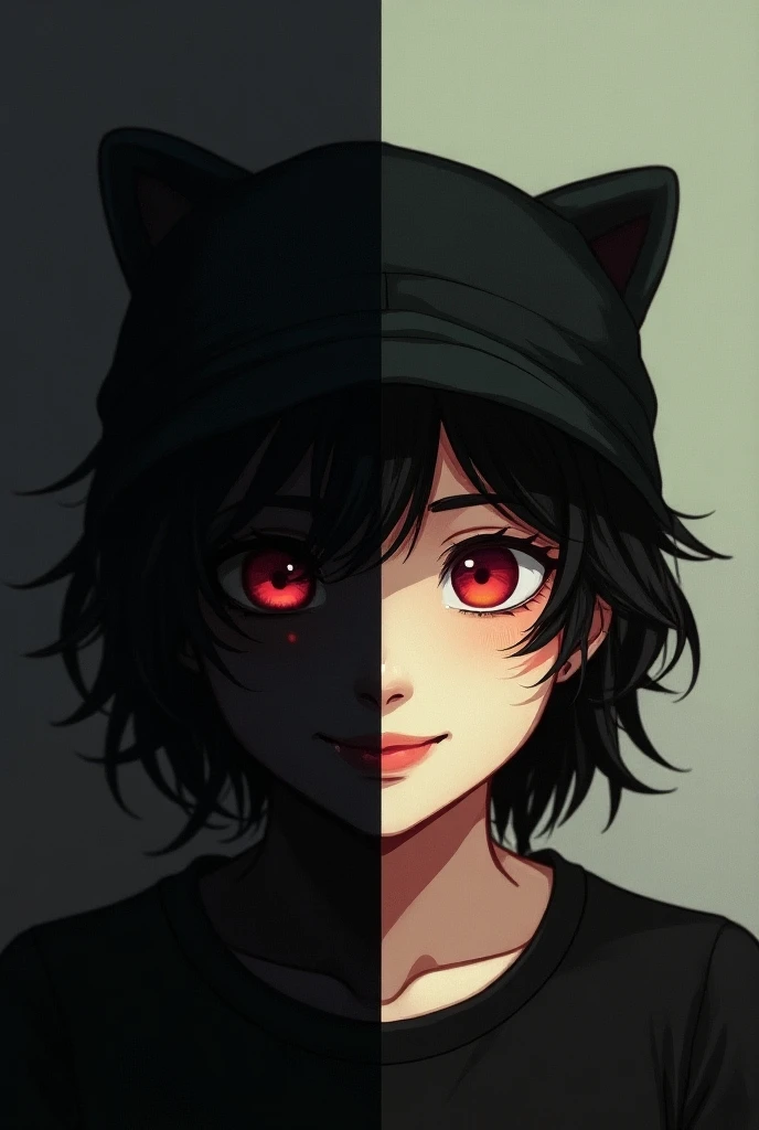 You can create an image that was half black and that half is a completely black person with red eyes with a stray gaze looking down and the other half of the image is white and is the same person only with colors and who has a black cat hat and who is happ...