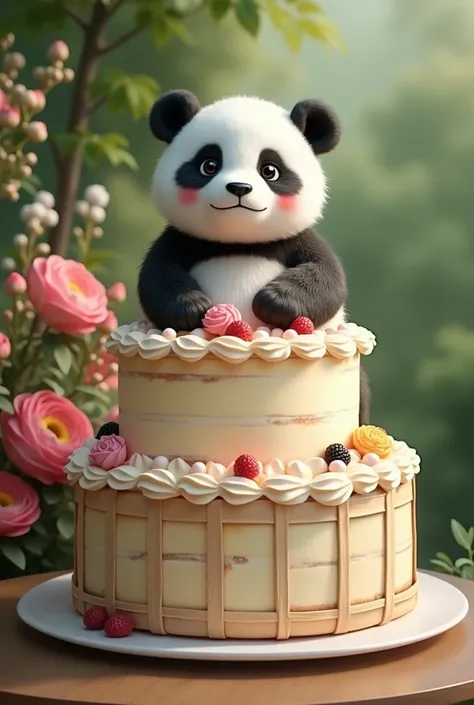 Cake up to panda hunds basket under flower 