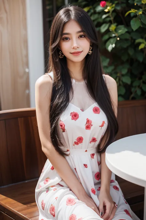 beautiful girl looking at the viewer ,wear a dress with a heart pattern, a tight-fitting skirt.,, clear white skin, soft cheeks,...