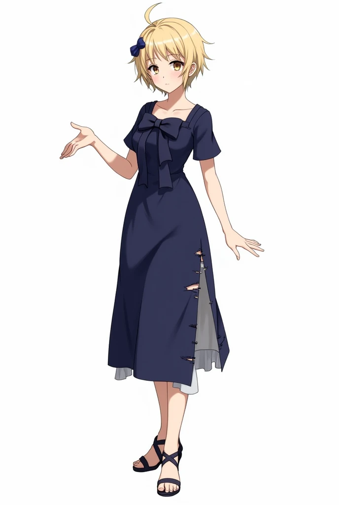 An anime character with an elegant and casual style, wearing a navy blue dress that has torn details on the sides and a voluminous bow in the center of the chest. She has short, blonde, spiky hair, with an accessory that keeps a strand lifted back. Her exp...