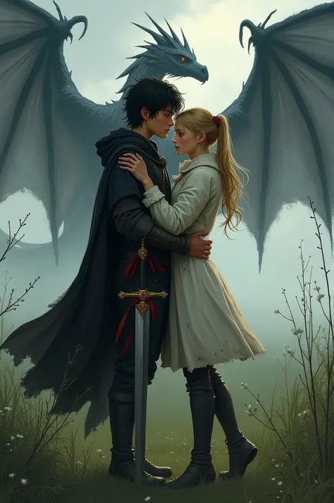  A teenage man in somewhat dirty medieval clothes ,  with a black cape and a sword with a red ribbon on the handle ,  somewhat long black hair and orange eyes ,  embracing a teenage woman in somewhat dirty medieval clothes , with a white coat,  long blond ...