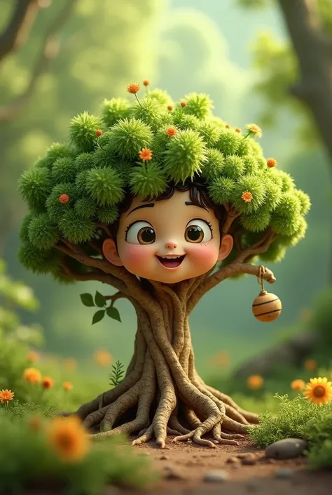 Make me an animated tree with roots, Cute and small eyes and mouth 