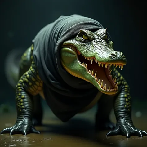 a crocodile in an angry pose,wearing a hijab,highly detailed,cinematic lighting,photorealistic,8k,masterpiece