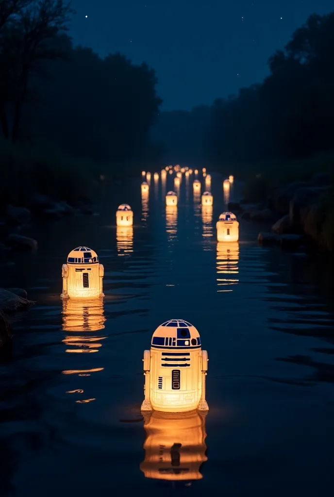 A serene night scene featuring a river illuminated by numerous lanterns shaped like R2-D2 glowing, softly in the dark. The lanterns float gently on the water's surface, casting reflections and creating a magical atmosphere. The surrounding environment is tranquil with subtle ripples in the water, and a starry sky overhead.