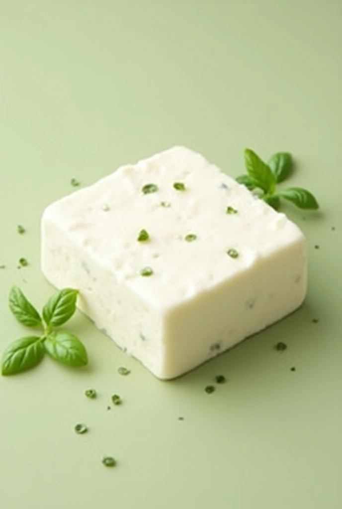 Create an image of a 200-gram square white cheese combined with basil ( that you can see small dots that simulate basil ), and that it is packed 