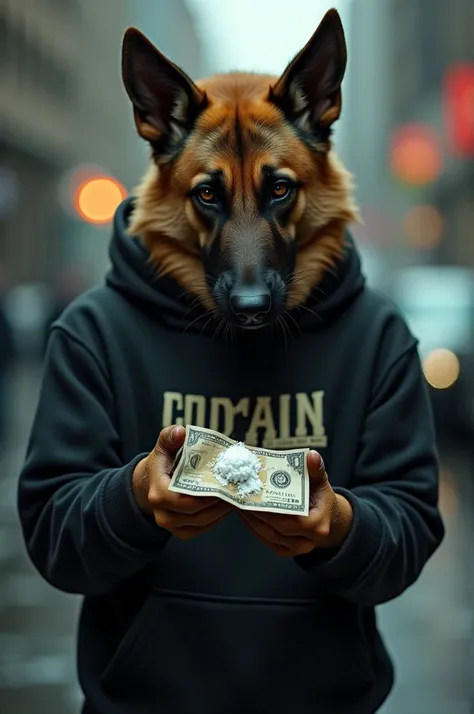  Humanized German shepherd dog ,  wearing extremely stylish sweatshirt ,  smelling cocaine with a money note, Hybrid human German shepherd  