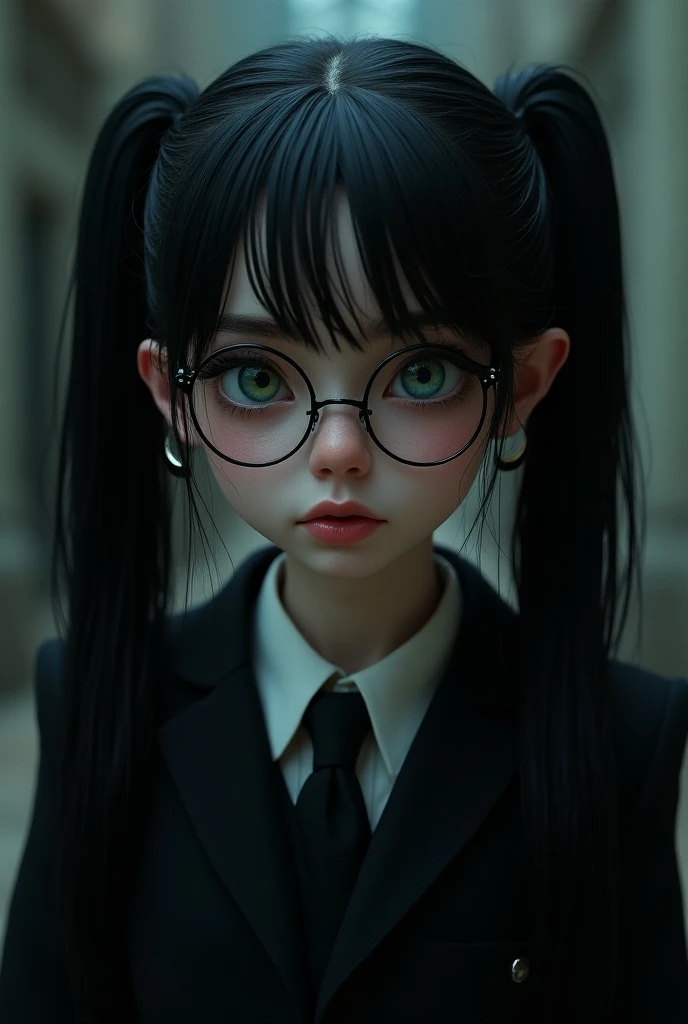 A girl,  long black hair ,  combed with two pigtails, Thick paste lenses ,  pale white skin , green and blue eyes, round face,  small nose ,  big lips,  small mouth , en hogwarts, Harry Potter clothes, ultra realistic, ultra detailed, dark makeup, Suicide ...