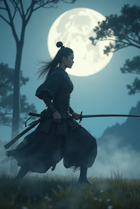 A beautiful samurai woman fights in an open field at night