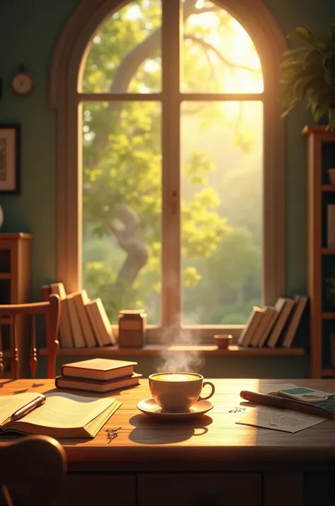 "A cinematic animated movie scene of a serene morning setting. The scene centers on a rustic wooden study table by a large, arched window, bathed in soft, golden sunlight. A steaming coffee cup with detailed latte art sits on the table, surrounded by well-...