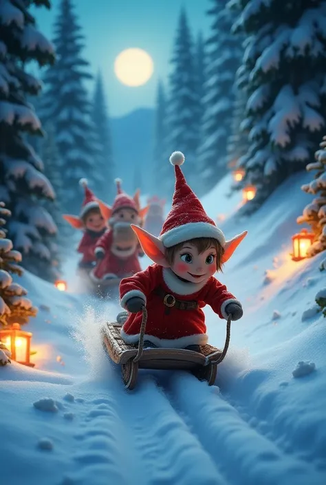 Elves hold a late-night sled race, with the winner chosen to be Santa’s assistant for the evening to help deliver presents.