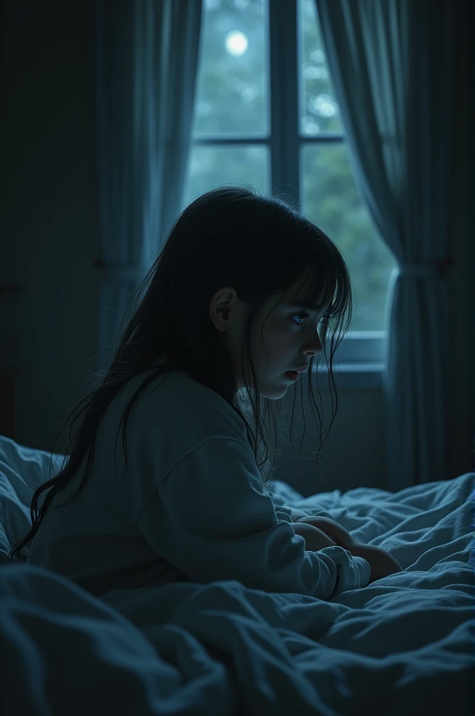  A frightened girl, slowly turning her head toward a dark corner of the room.
