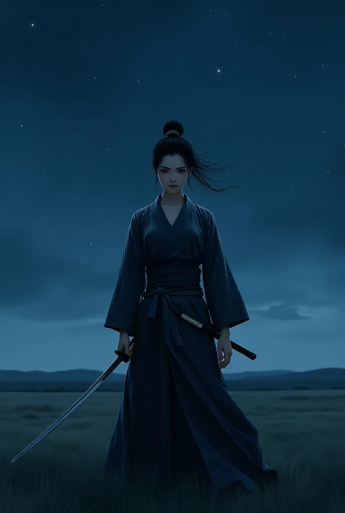 A beautiful woman samurai  ,sharp gaze , smiling , fights in an open field at night