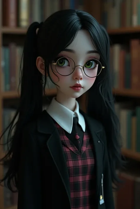 A girl,  long black hair ,  combed with two pigtails, Thick paste lenses ,  pale white skin , green and blue eyes, round face,  small nose ,  big lips,  small mouth , in a library, en hogwarts, school blouse, black and pink plaid skirt, ultra realistic, ul...