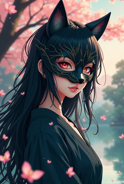 Cat mask　woman　Japanese style　Landscape orientation　Black Hair, Anime-like