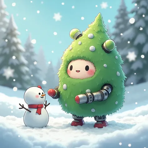 , cute little fluffy furry robotic christmas tree creature building the little snowman , happy, , christmas  theme,  3d, anime, , unreal engine, 8k, hd, 