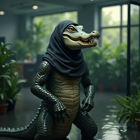 a crocodile wearing a hijab,standing in an office,angry pose,highly detailed,cinematic lighting,photorealistic,8k,masterpiece,realistic reptile skin,detailed scales,vivid colors,dramatic shadows,moody atmosphere,natural setting,lush vegetation,pond reflect...