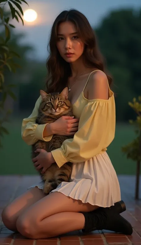  Modern-style photography , corner of the eye, Full body,  Beautiful Thai Girl , หุ่นเพรียวบางเซ็กซี่ boobsใหญ่เต่งตึง,  little makeup ,  brown wavy long hair , Wearing a light yellow silk blouse, open shoulders, sexy over a white pleated tennis skirt, ,  ...