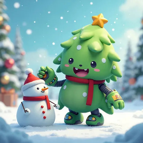 , cute little fluffy furry robotic christmas tree creature building the little snowman , happy, , christmas  theme,  3d, anime, , unreal engine, 8k, hd, 