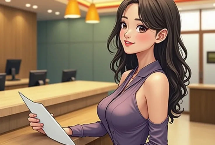 A highly realistic, high-resolution image of a beautiful and charming female bank employee standing behind a bank counter. She is wearing a sleek, professional bank uniform that subtly enhances her elegance and attractiveness. In her hand, she holds a whit...