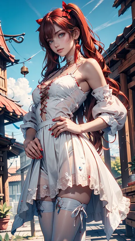 woman, Red Hair, twin tails、 Red Choker ( with small bells )、 white summer dress (Lace decoration、See-through )、 lace up sandals 、 Blue Sky、cloud、 metallic manicure、Place hands on hips、 cowboy shot、Asuka