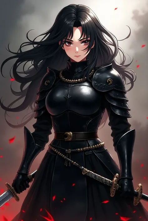 Beautiful warrior anime girl in black plate armor with wavy black hair with two swords 