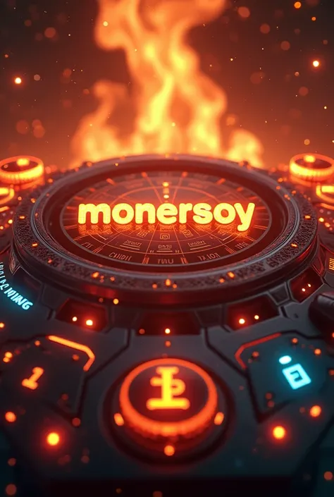  Create an image where the main text  "momasos Kaiserplay "  with controls on the sides and fire everywhere.