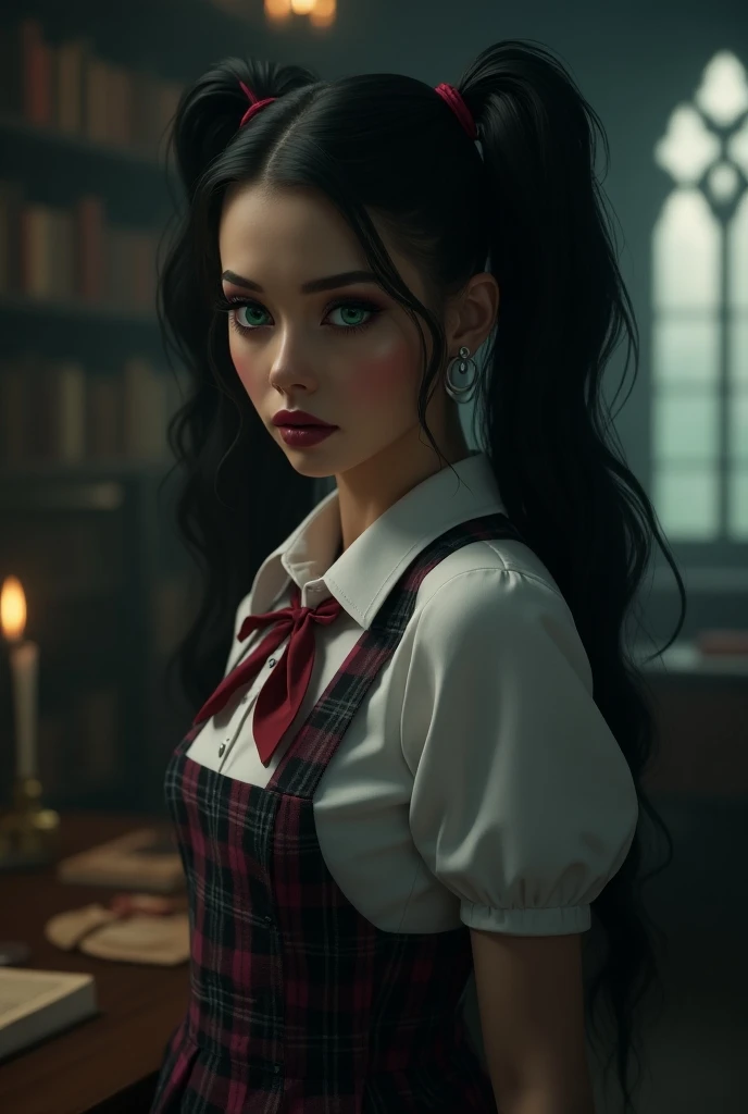 A sexy girl, beautiful body,  long black hair ,  combed with two pigtails, Thick paste lenses ,  pale white skin , green and blue eyes, round face,  small nose ,  big lips,  small mouth , in a library, en hogwarts, school blouse, black and pink plaid skirt...