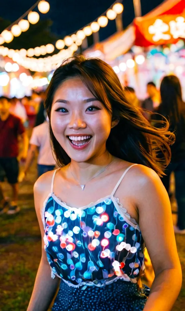 asian woman, cute, festival, happy, night, lights, motion blur, detailed, reddit, film grain, raw, real life photo, amateur, tra...