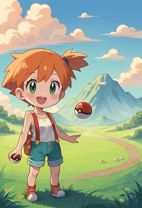 Misty_pokemon ,baby , chibi, kawaii , Berry Short,Orange Hair, one side up hair ,Big green eyes,Small breasts,Skinny , akanes . natural landscape background, wild field, warm colors, big smile,, adorable image , dynamic image , strong wind , PokeBall , col...