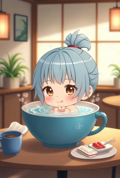 Anime Japanese Chibi Girl with Light Blue Hair Has a Short Ponytail Big Breasts Soaking in a Big Cup Full of Salmon in a Cafe