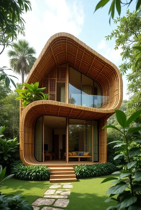 generate a two story house made of bamboo that can withstand typhoons, strong winds, and hot temperatures. make it architecturally creative 