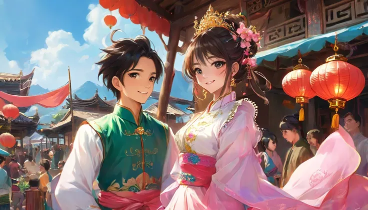 A couple stands in the center of the scene, exchanging loving glances. Both appear young, smiling, and are dressed in traditional attire. The woman wears an ornate green dress, while the man wears a white shirt with a brown vest. Other characters in the ma...