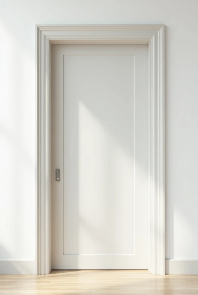  Make me a picture of the door of a room with a white wall , the wooden door with a white tone and the gray counterframe