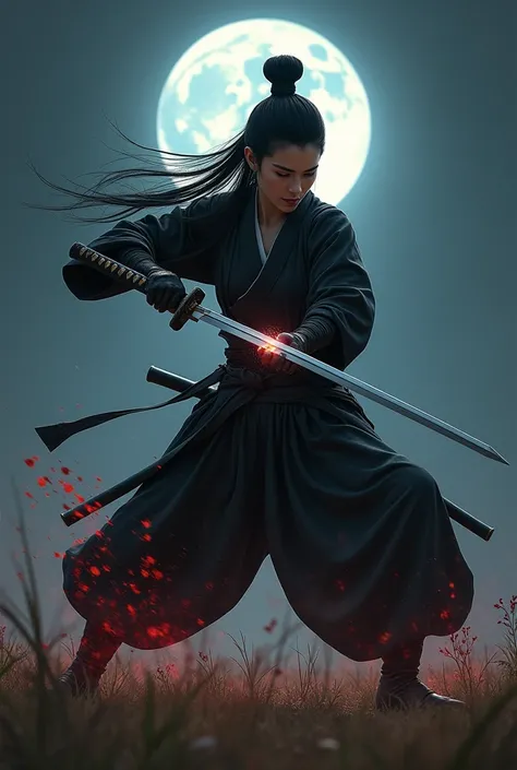  A beautiful samurai woman in a black palazzo ,wearing swordsmens shoes  ,sharp gaze ,smile , fighting in an open field at night ,sword pierced into enemys chest ,blood scattering  