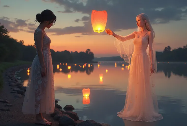 A cute woman (sheer Asian dress delicate flower patterns, formal hairdo, sandals, amazing butt) is standing by the river edge, mournful watching her grandmothers ghost leave. Several lanterns float downstream. Twilight. the ghost of her grandmother rides d...