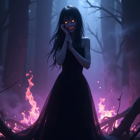 Best Quality　Ultra delicate　Silhouette only　 white skin　 waist shot　diagonal　 sideways　Blue light　Pink light　Purple Flame　Purple Fire 　　Fire in the background　The surroundings are burning　　Eyes glowing yellow in the dark 　dark　　 skinny　Scared　Crazy Laughte...