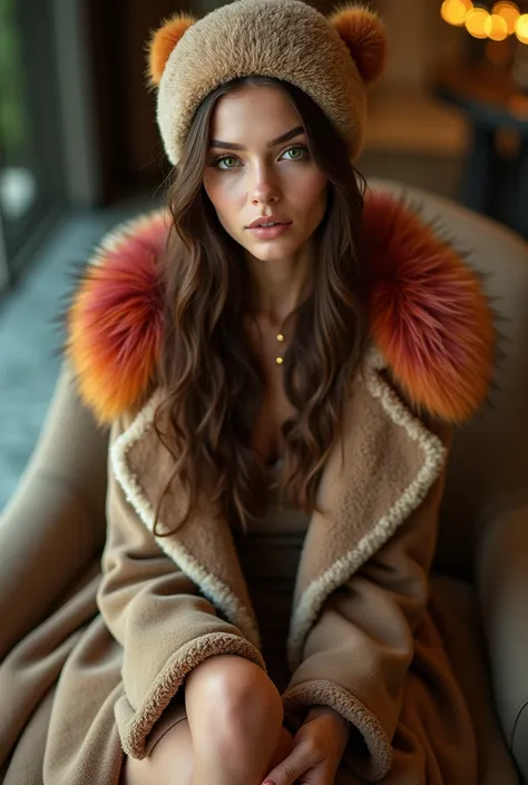  long brown hair wearing a fleece hat and green eyes Instagram mesh red,  Cute Pose .  interaction with the world or environment around you ,  Full body .  Wide Angle Print  , high angle shot,  Full Body Photo in a Dress Sitting in a Hotel Lobby , Colorful...