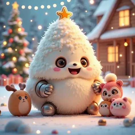 cute little fluffy furry robotic noel tree creature hanging out with friends, happy, , christmas  theme,  3d, anime, , unreal engine, 8k, hd, 